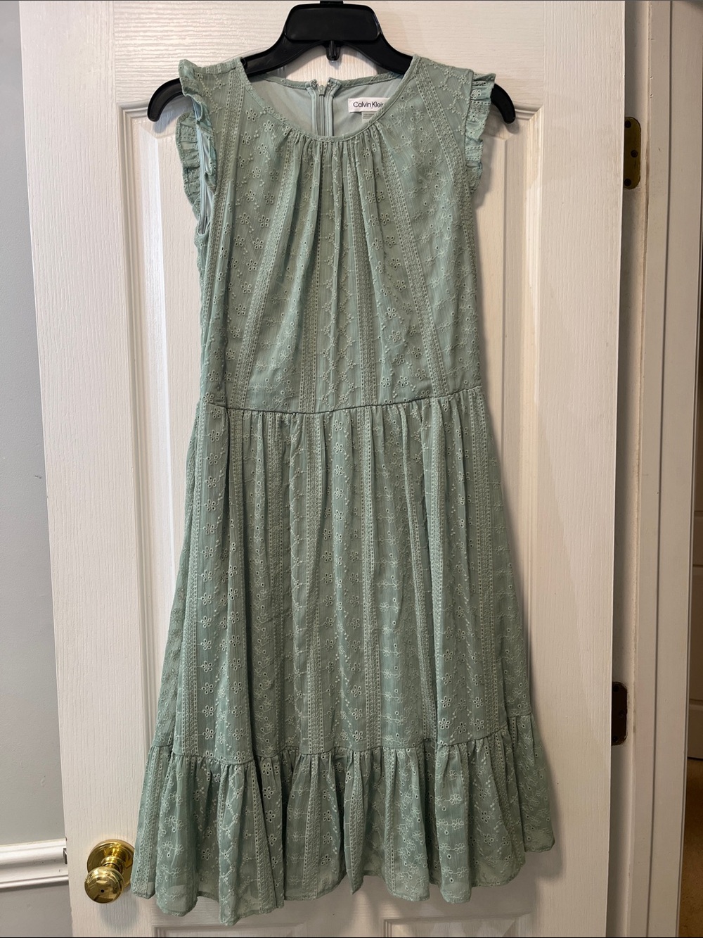 Calvin Klein Sage Green Eyelet Ruffle Tiered Dress